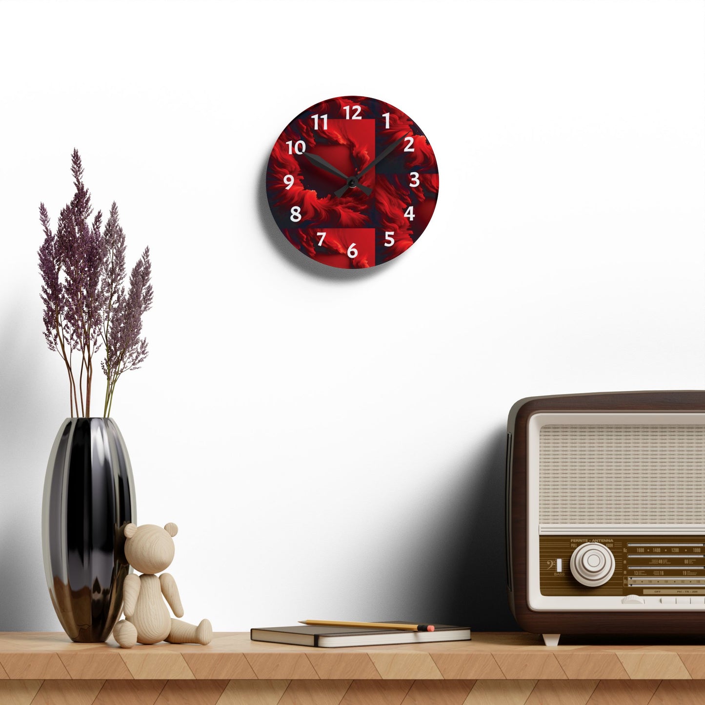 Red Abstract Acrylic Wall Clock | Designed by Essenciera Conturee